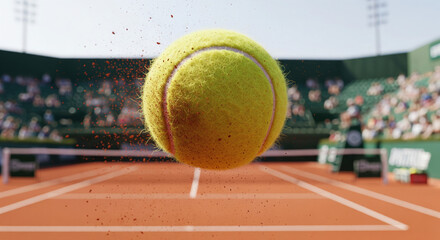 Extreme close-up of a fuzzy yellow tennis ball impacting a clay court surface dramatically