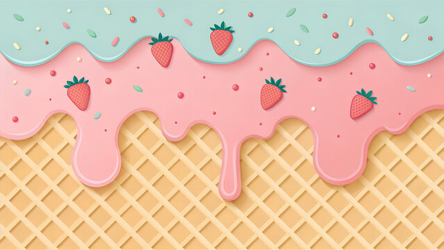 Pattern of pink strawberry and mint glaze melting on a crispy waffle cone. Sweet dessert background with cute strawberry icons and colorful sprinkles for summer cafe decor - Powered by Adobe
