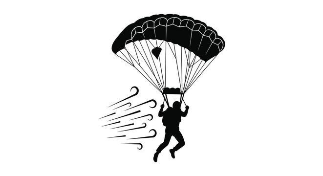 A dynamic depiction of a skydiver gracefully descending from the sky with a fully deployed parachute a striking silhouette high quality