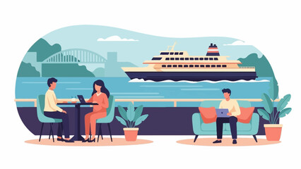 Naklejka premium Outdoor cafe with people working and relaxing by a scenic waterfront with a ferry