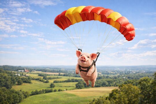 Flying Pig Parachuting Over Green Fields