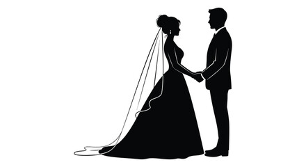 A captivating black silhouette depicts a newlywed couple tenderly holding hands showcasing a romantic scene of marital bliss and commitment silhouette