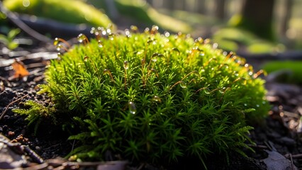 A close-up shot of a lush green mossy patch with small leaves and twigs, set against a blurred natural background with warm, earthy tones and a shallow depth of field.