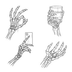 Skeleton hand with various gestures, sketch. Vector illustration. Bony fingers holding a glass of whiskey or a bank card, isolated on a white background. For Halloween signs, and various occasions.
