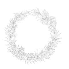 Palm leaves and monstera on a round frame, black and white sketch. Vector illustration. Tropical tree leaves isolated on white background. Green lush wildlife plants and fresh jungle foliage.