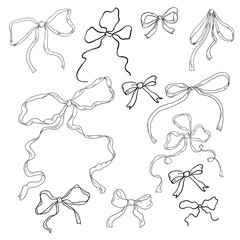 Ribbon bow, whimsical hand-drawn, sketch. Vector illustration. Elegant collection of bows with flowing ends, isolated on a white background. For wrapping romantic gifts, cards, and for print textiles.