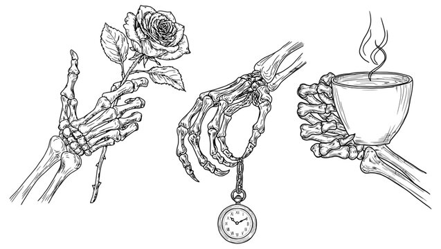 Skeleton hand holding cup of tea and watch, sketch. Vector illustration. Bony fingers of dead man are holding rose, set isolated on white background. For various occasions, textile printing