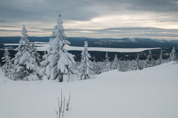 Winter view of lake Zuratkul from the top of Zuratkul mountain ridge, South Ural, Russian Federation