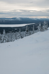 Winter view of Zuratkul national park and mountain lake Zuratkul in January, South Ural, Russia
