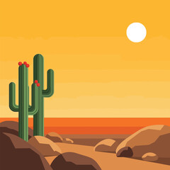 Desert landscape with sand dunes at sunrise or sunset.