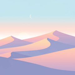Desert landscape with sand dunes at sunrise or sunset.