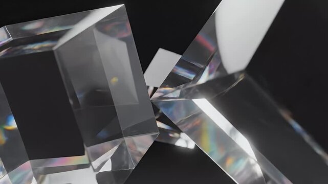 Geometric transparent objects on dark surface illustrating light refraction