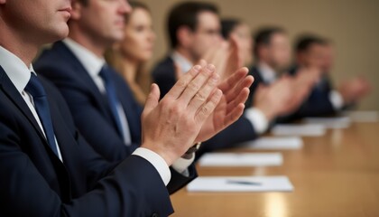 Boardroom Applause After Financial Report Presentation, Hands Clapping Around Table, Printed Charts And Pens Visible, Senior Directors Showing Approval And Support, Focused Corporate