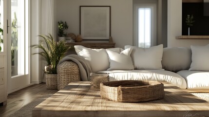 Obraz premium A modern farmhouse living room with cozy textures, a wooden coffee table, and soft cushions. .
