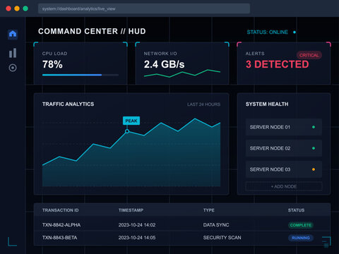 The dashboard displays CPU load at 78 percent, network load at 2.4 GBs, and three critical alerts for server health on October 4, 2023. Traffic analytics shows peak usage.