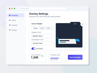 The screen shows overlay settings for a digital application. It displays options for customizing text and job titles, along with export and storage details.