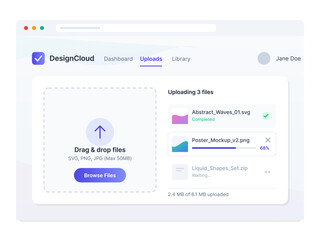 A user interacts with DesignCloud, uploading multiple files including images and graphic designs. The upload progress is displayed on the screen in a cloud interface.