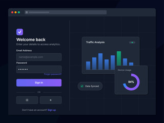 A user is entering their details to log in for data analytics access. The screen shows a form for email and password along with traffic analysis graphs and device usage stats.