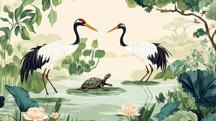 Fototapeta premium Oriental toile art style with cranes and turtles symbolizing longevity in pond setting .