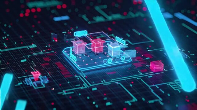 Cinematic 4K video, abstract 3D digital network, glowing neon data streams flowing geometric grid, holographic encryption shields intercepting red particles, floating translucent cubes personal data