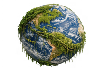 Earth globe with lush green moss and vines, symbolizing nature's embrace, ecological preservation, and global sustainability