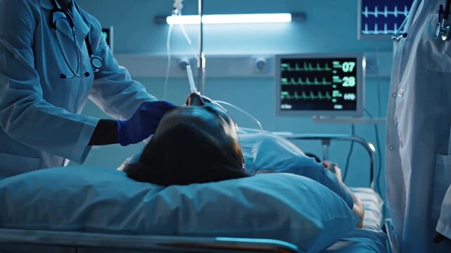 Cinematic 4K hospital video, patient lying modern hospital bed nasogastric tube, waiting for treatment natural light large windows, medical monitors showing heart rate oxygen levels, nurse checking