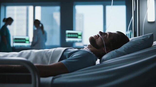 Cinematic 4K hospital video, patient lying modern hospital bed nasogastric tube, waiting for treatment natural light large windows, medical monitors showing heart rate oxygen levels, nurse checking