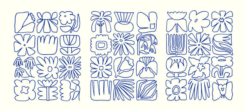 Abstract floral line art compositions, posters set. Outline flower and leaf shapes, nature doodles, scribbles, sketches pattern, squared grid in whimsical naive style. Hand-drawn vector illustrations