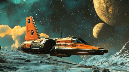 A spaceship landing on an alien moon, with a breathtaking view of the galaxy and distant planets. .