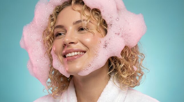 Smiling woman with curly hair, wearing a white robe, surrounded by pink bubbles against a blue background, embodying joy and relaxation in a self-care moment