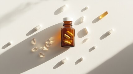 A single vitamin bottle next to open capsules and pills laid out on a bright white background with diffused sunlight .