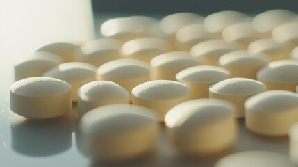 Soft focus close-up of vitamin pills and tablets on a white surface with diffused natural light illuminating them .