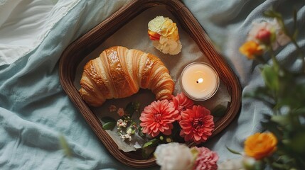 Birthday breakfast tray with croissant, candle, and flowers .
