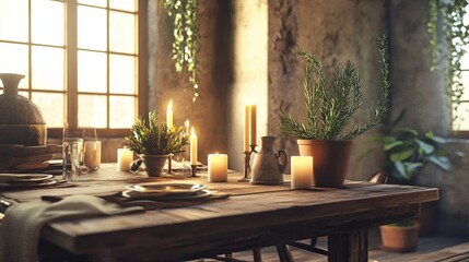 A rustic dining room with a farmhouse table, candles, and potted plants. .