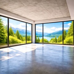 Obraz premium A large room with a view of a mountain and a lake