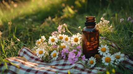 Oil bottle and blooming wildflowers on an outdoor picnic cloth .
