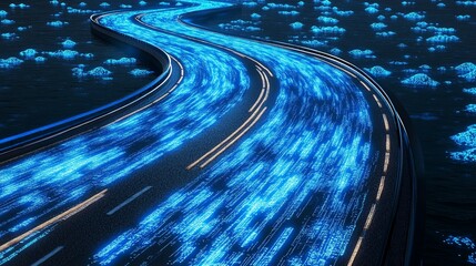 Sleek city road with AI-inspired blue data streams .