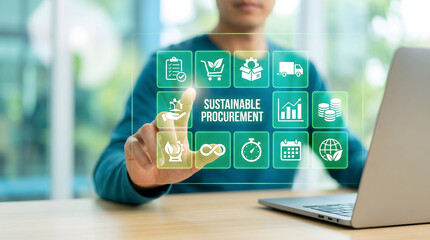 Professional hand touching a virtual screen for sustainable procurement in a bright office