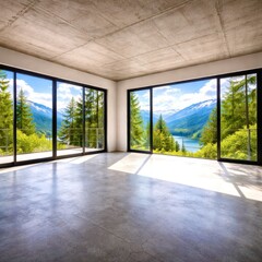 Obraz premium A large room with a view of a mountain and a lake