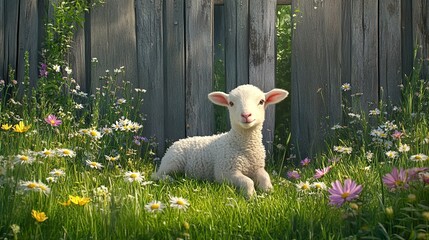 A young lamb playing in a green meadow surrounded by wildflowers and a wooden fence. .