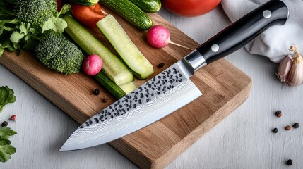 A chef's knife slicing through fresh vegetables on a chopping block, emphasizing culinary expertise