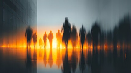 Silhouettes of people walking in a city