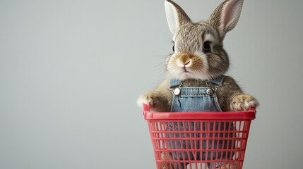 A young bunny in overalls staring at an empty shopping basket. .