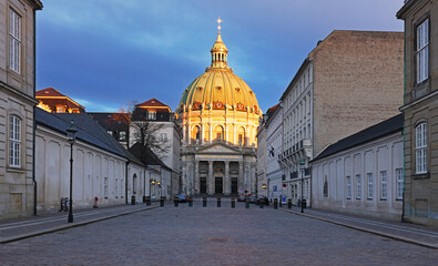 The view of Frederick&rsquo;s Church and Amalienborg Palace, the residence of the Danish royal family, in the center of Copenhagen, Denmar