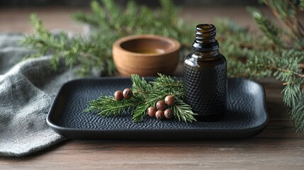 Juniper oil with juniper berries and leaves on a black ceramic tray .