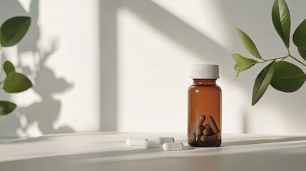 A clean, modern scene of a capsule next to a bottle of essential supplements on a bright white background .