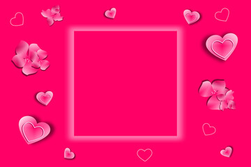 Blank paper card with copy space frame decoration border with hearts and flowers on pink background for valentines day.