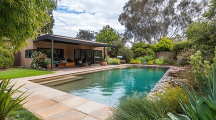 A natural swimming pool in an eco-friendly backyard, surrounded by native plants. .