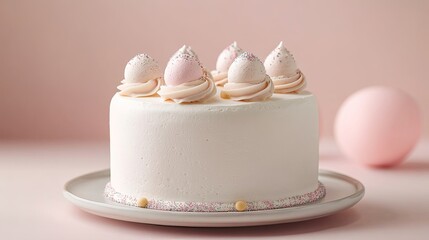 Simple birthday cake with minimalistic decoration, pastel background .