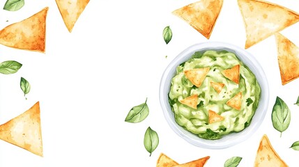 Bowl of guacamole with tortilla chips arranged neatly isolated on white background .